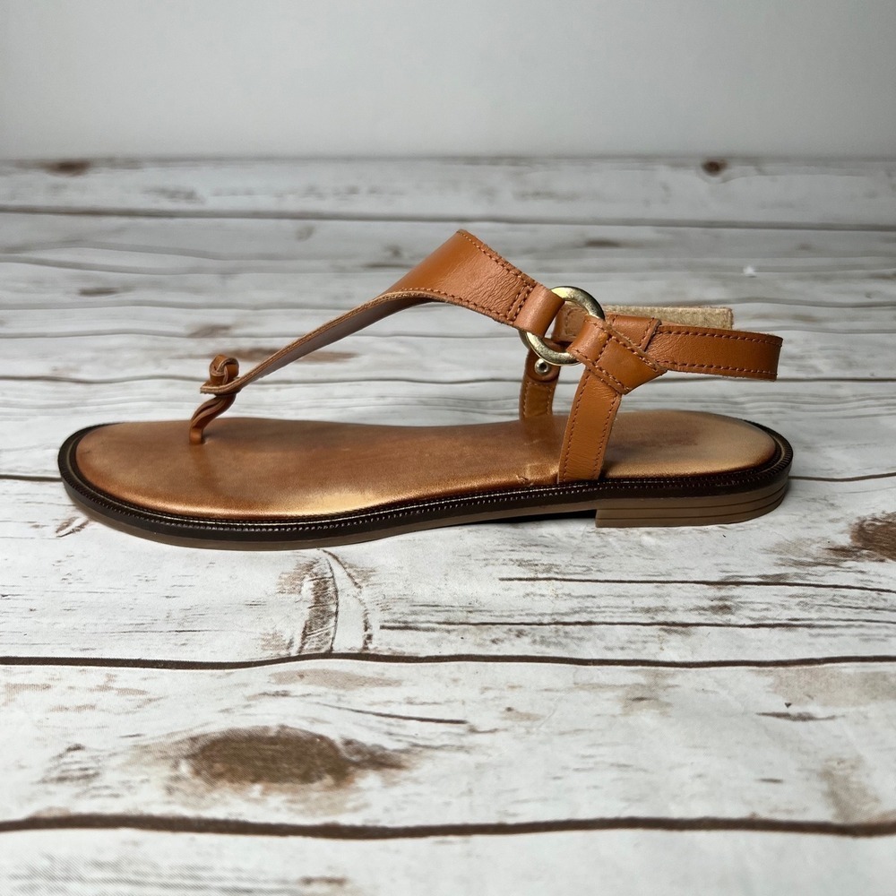 Coach Sandals Cognac Brown Leather T-Strap Gold Ring Flat Italy Size 7.5